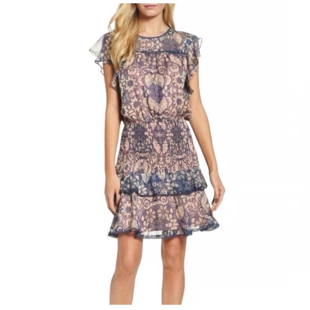 Chelsea28 Floral Smocked Ruffle Mini Dress Size L NWT Boho Sheer Nordstrom